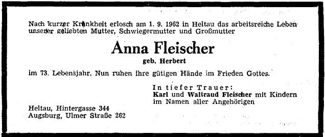 Herbert Anna 1888-1962 Todesanzeige
